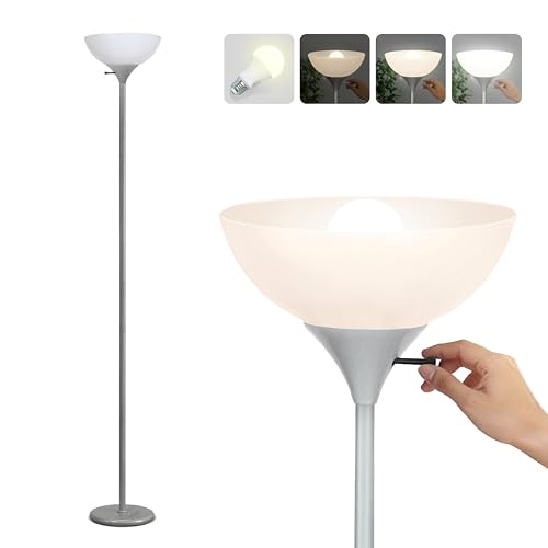 Brightech Sky Dome Super Bright LED Torchere Lamp for Living Room and Office - Modern Dimming Floor Lamp - Pole Lamp for Bedroom - LED Bulb Included - Platinum Silver