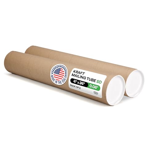 Cardboard Mailing Tubes 4 x 24 with Plastic Caps Pack of 2 - USA-Made USPS Approved Poster Tube for Documents & Blueprints - Reinforced Mailing Cylinders for Shipping & Storage by IDL Packaging