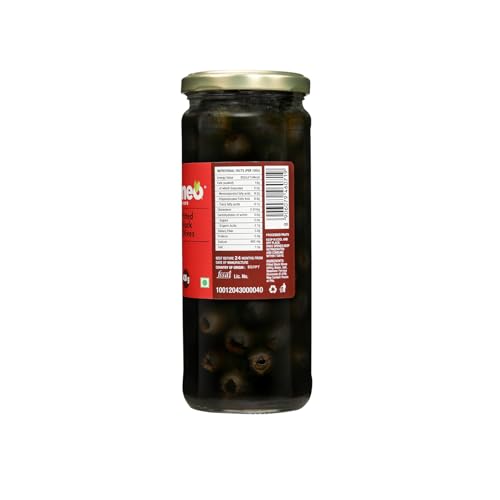Image of Neo Pitted Black Olives 450g l 1 Jar l Low Fat Ready-to-Eat Healthy Snack, Source of Fibre l Enjoy as Topping for Pizza & Pasta l 450g