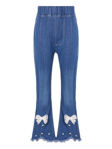 Kids Girls Teen Bell Bottom Jeams Cute Bowknot Flared Pants High Waist Raw Hem Denim Trousers Leggings