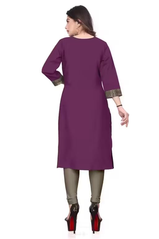Image of Women Straight Woven Design Cotton Blend Round Neck 3 /4 Sleeve Kurti Only