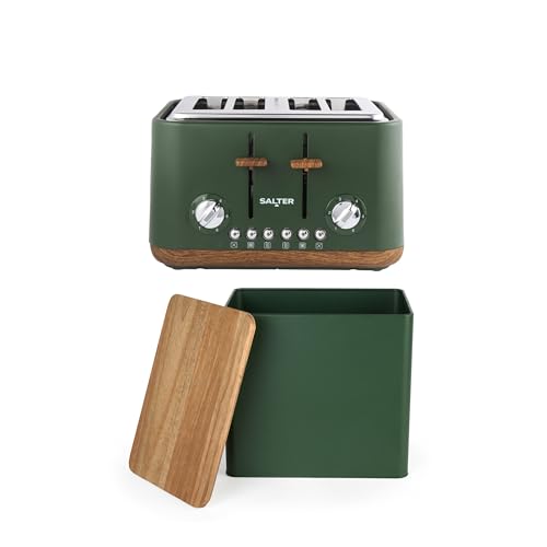 Salter Toronto 4-Slice Toaster & Bread Bin - Wide Slots, 6 Browning Levels, Removable Crumb Tray, FSC®-Certified Acacia Wooden Lid, Easy Clean, Self-Centring Function, High-Lift Eject, 1630 W