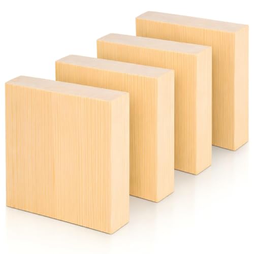 4 Pcs Solid Wood Blocks 4x4x1 Inch Unfinished Whittling Blocks for Crafts Wooden Art Block for Crafts DIY Projects Classes Photo Blocks Painting Wall Decorations