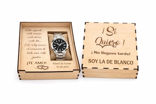 Genérico Caja de madera personalizada para regalar al novio el día de la boda | Grabado con nombre y fecha | Regalo romántico de boda para él | No incluye reloj | Frases a elegir