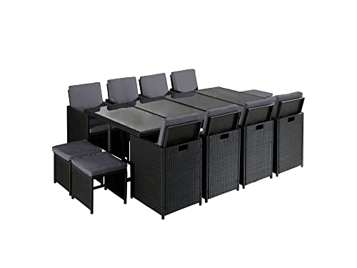 Best Mobilier - Salon de Jardin Encastrable Noir Fira - en Résine Tressée à la Main - Plateau en Verre Trempé - avec Housse de Protection - Coussins Déhoussables Gris - 12 Places