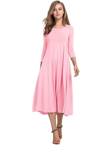 Hotouch Damen Kleider Elegante Midi Tunika Kleid A-Linie 3/4 Ärmel Kleid Rundhals Einfarbig Freizeitkleider Herbst Winter Kleider Rosa L