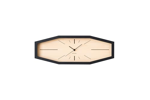 INTERZERO Octagonal Solid Wood Wall Clock - Japanese Handcrafted, Silent Non-Ticking, Battery Operated Modern Design for Living Room, Bedroom, Office Decor - CH-060 (Black)