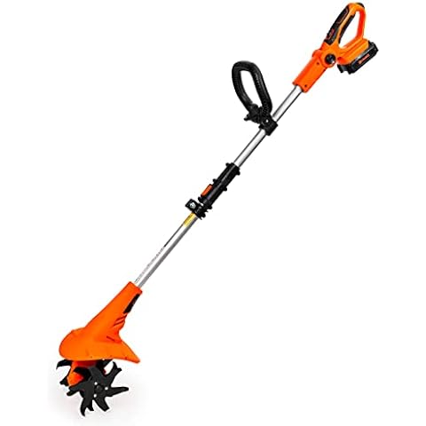 Ukoke Cordless Tiller Cultivator 20V 2.5 A Battery 280 max RPM Powered Tiller Cultivator, w/24 Steel Blade Cultivate Max Tilling 5'' deep Path by 7.8'' Wide, Orange, ST1902 Cover