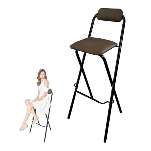 Taburete de Bar Plegable de 76 cm con Respaldo Acolchado de Espuma, Silla Alta portátil y Plegable para Adultos, no Requiere Montaje, Color Negro y marrón, 75 cm, Ligero y Duradero.