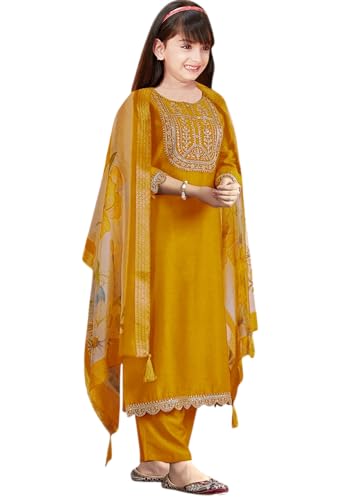 Image of Girls Ethnic Outfit | Embroidered Silk Girls Salwar Suit | Kurta Pant and Jacquard Dupatta Set