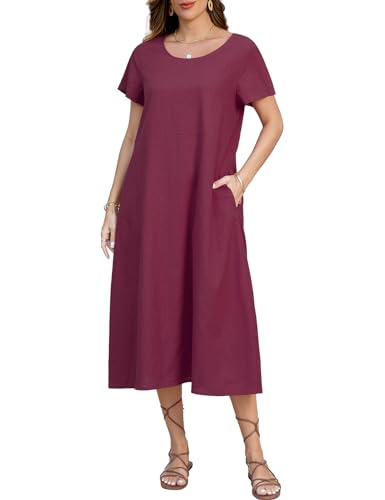 TOMEEK Vestidos Verano Mujer Manga Corta Largos Vestido Mujer Tallas Grandes Cuello Redondo con Bolsillos Casual Vestido Playa Mujer Vestido Camisero(Morado,XXL)