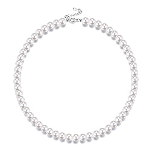 KRFY Plata Esterlina Collar de Perlas Redondo Blanco Simulado Collar de Perlas para Mujeres Hombres Collar de Gargantilla para Las Niñas Niños 8/10/12mm Cover