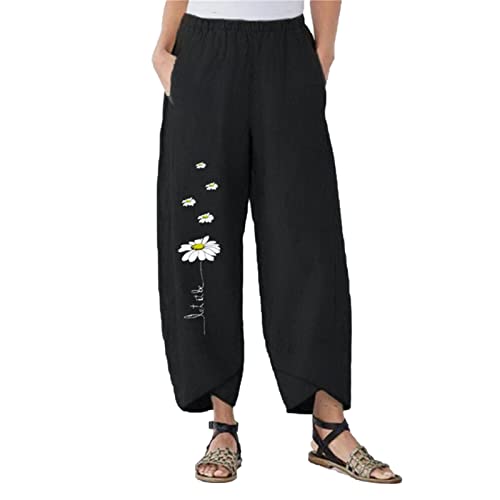 Maiyifu-GJ Women's Cotton Linen Slim Pants Summer Beach Casual Baggy Pant Elastic Waist Lightweight Wide Leg Trousers (Black,XX-Large)
