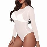 Buauty Long Sleeve Mesh Bodysuit for Women, Sheer Mesh Top Round Neck See Through Leotard Jumpsuit Snap Crotch Clubwear