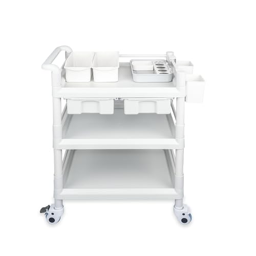 Medical Mobile Trolley Cart 3 Tier 500 Lbs Spacious Beauty Salon Rolling Trolley with Dirt Buckets Drawers 360°Rotate Wheels Heavy Duty Medical Utility Cart for Hospital Dental Clinic