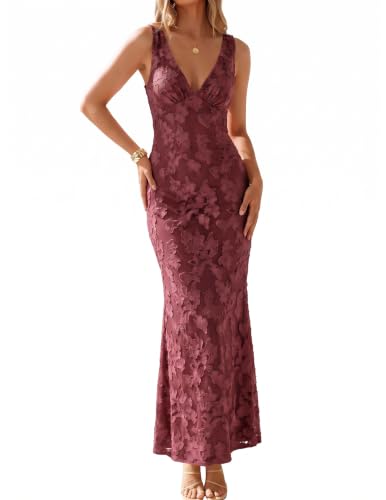 BORIFLORS Women's Bodycon V Neck Floral Cocktail Maxi Dress,M,Wine Red | Wedding Guest Homecoming Party, Mesh Sleeveless, Elegant Long Dresses