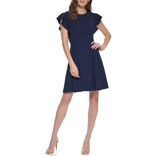 Image of DKNY Women's Flutter Sleeve Scuba Crepe Jewel Neck Dress