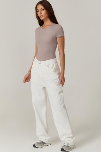 Image of QINSEN Women's Crew Neck Short Sleeve Bodysuit Double Lined Body Suits Basic T-shirt Tops