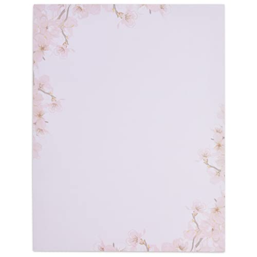Cherry Blossoms Stationery Paper Letterhead Sheets 100 Pack Floral Pink Cherries Blossom Spring Design 8.5" X 11" For Writing Letters Wedding Invitations Crafts Computer Office Note Printing Supplies #TOP3