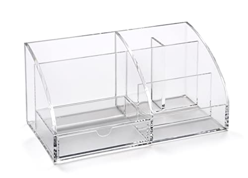OSCO Clear Acrylic Desk Organiser | 7 section | Pull Out Drawer | Desk Tidy | Stationery Storage | Makeup | Cosmetics | H12 x W25 x D13 cm