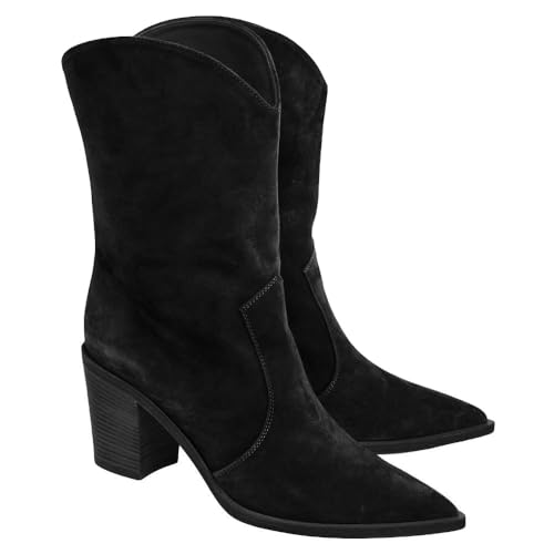 Coutgo Womens Cowboy Mid Calf Boots Chunky Heel Pointed Toe