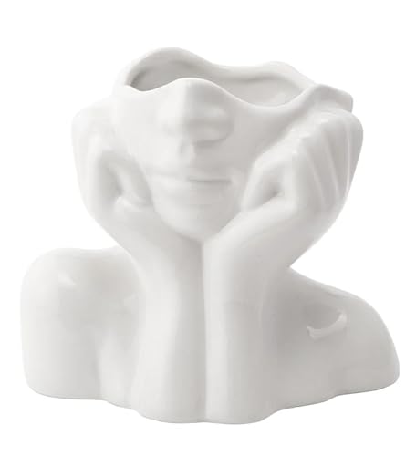 Napco Modern Hands on Chin Bust Design 5.25 x 2.5 x 3.25 inches White Ceramic Flower Succulent Plant Pot Planter Container Holder, Indoor Outdoor Garden Décor