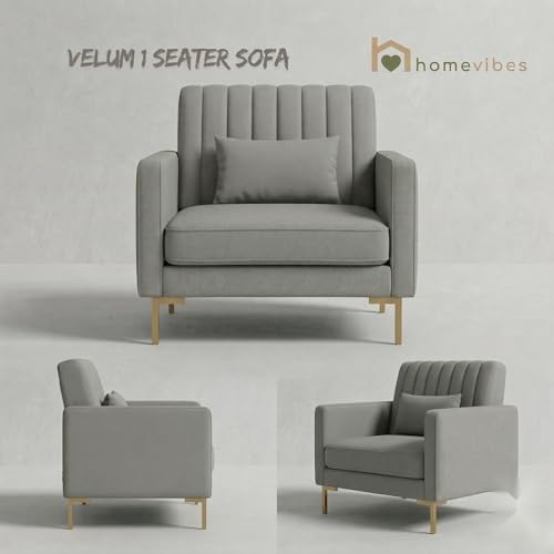 Image of 1 Seater Velum Fabric Sofa Set for Living Room, Modern Design with High Density Foam, Solid Wood Frame, Ergonomic Comfortable Seating for Home & Office (Light Grey, 1 Seater) | Soft foam comfort, Strong wood frame
