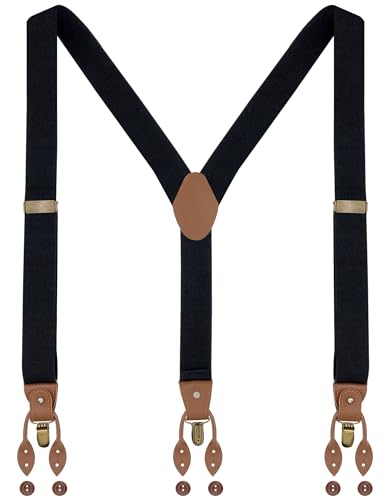 Ausukler Botones Tirantes para hombre, extrafuertes, 3,5 cm de ancho, con 6 botones y 3 clips, ajustable, talla única, Negro , Talla única