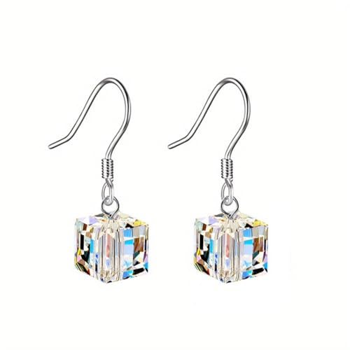 Image of Austrian crystal cube earrings for women girls handmade elegant elegant transparent square rhinestone silver plated hypoallergenic dangle drop earrings for birthday valentines day mother's day fashion
