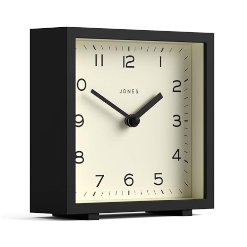 JONES CLOCKS® Disco Desk Clock | Sleek Square Design | Black | Stylish and Easy to Read for Shelf, Table, Mantel or Bedside