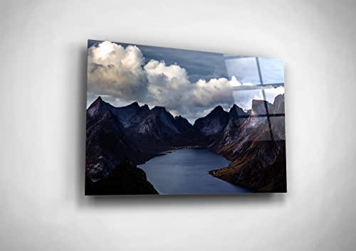 Crater Lake Wall Art Nature Lover Gift Idea Mountain Range Photography Blue Cloudy Sky Glass Canvas Print Cottage Decoration #TOP9