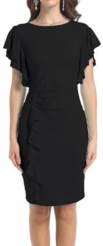 Women's Fashion Church Ruffle Sleeve Ruched Vintage Work Midi Pencil Dress2