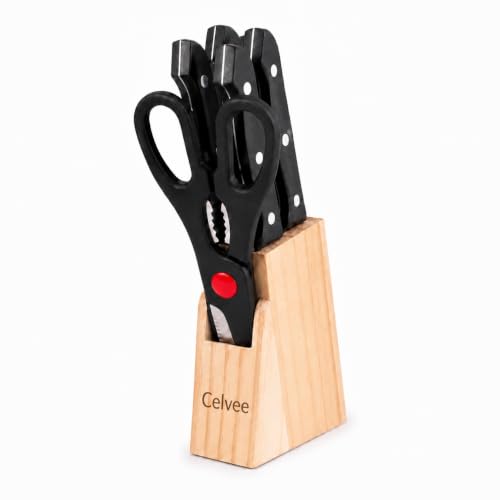 Image of 5-Piece Kitchen Knife Set with Wooden Block - Includes 4 Stainless Steel Kitchen Knives and Multi-Purpose Scissors with Hardwood Storage Stand (4 Knife Set + 1 Scissor + 1 Wooden Case)