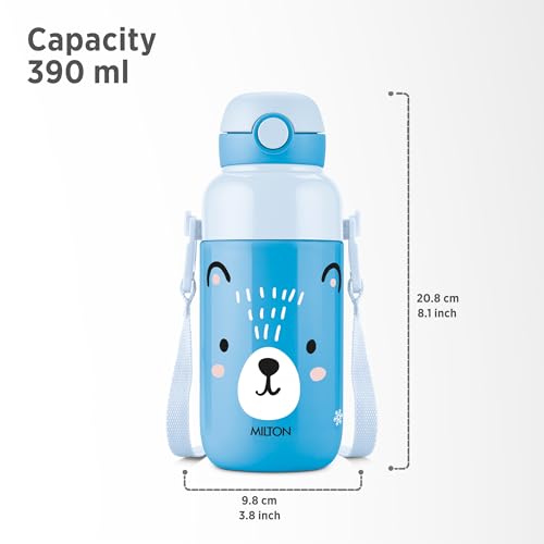 Image of Milton Steel Indus 400 Thermoware PU Insulated, 390 ml Water Bottle with Straw for Kids, Leak Proof Flip Top Sipper Lid Bottle, School, Picnic, Easy to Carry Belt, Blue
