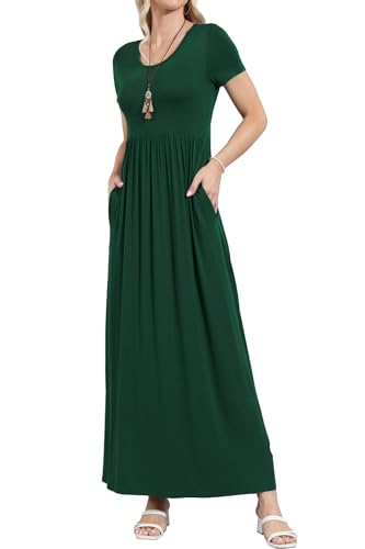 Image of EUOVMY Women's Short Sleeve Loose Plain Maxi Dresses Casual Vacation Long Dresses with Pockets