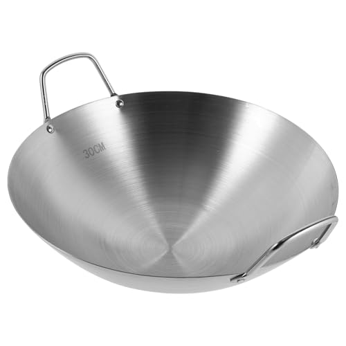 DIYEAH Wok de Acero Inoxidable con Doble Asa Olla de Cocina Resistente para Saltear y Freír Utensilio Práctico para Hogar y Restaurantes