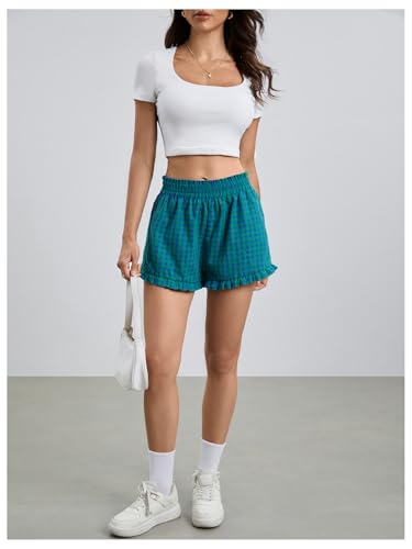 Image of MakeMeChic Women's Gingham Ruffle Lounge Shorts Elastic High Waist Pajamas Boxer Shorts