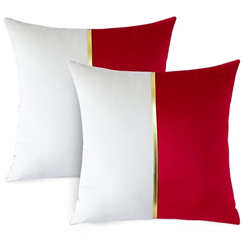 OTOSTAR Christmas Red White Velvet Throw Pillow Covers with Gold Leather Patchwork Luxury Modern Minimalist Square Pillowcase Cushion Covers for Living Room Bed Couch Sofa 18x18Inch Set of 2 by OTOSTAR - Image 9
