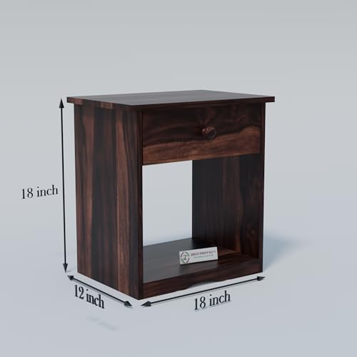 Image of Jangid Handicraft Solid Sheesham Wood Bedside Table with Drawer | Nightstand for Bedroom, Living Room & Home Decor | Wooden Side Table with Storage Shelf & Drawer, Walnut Finish