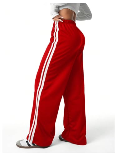 Verdusa Calça atlética feminina listrada de perna reta casual para treino, Vermelho, 16 Anos