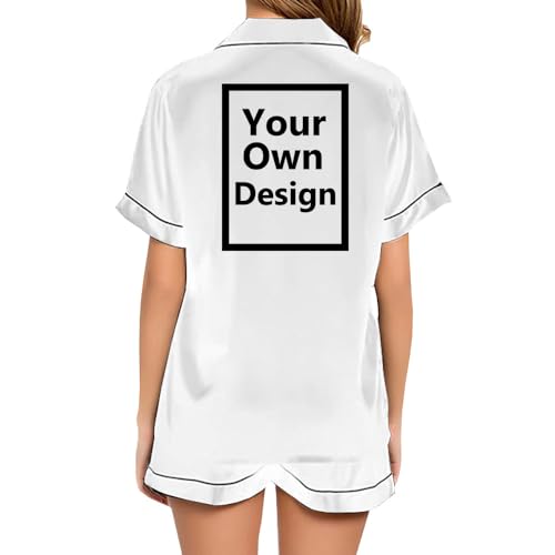 JPHCHSC Personalised Text and Image Pj Set Women Design Your own Wedding Pyjama Custom Photo/Logo/Text On Your Bride Bridesmaid Pj Set Sleepwear Button-down Nightwear 02 White