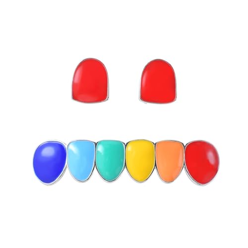 Rainbow Enamel Teeth Grillz Set – Hip Hop Mouth Grills with Vibrant Glossy Colors, Fashion Accessory for Parties, Streetwear(Silver,Red)