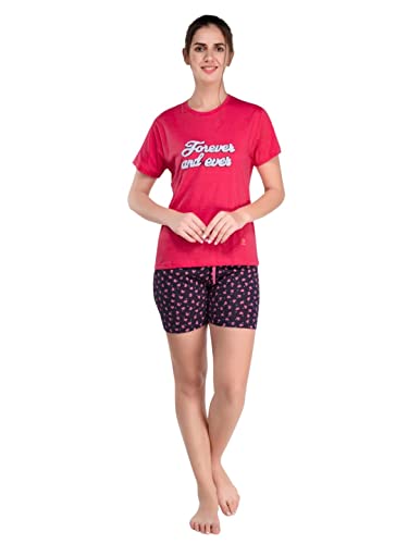 Evolove Women's Cotton Round Neck Short Sleeve Night Suit/Top & Short Set Super Soft Comfortable (Short-NS-HS-Round-3)
