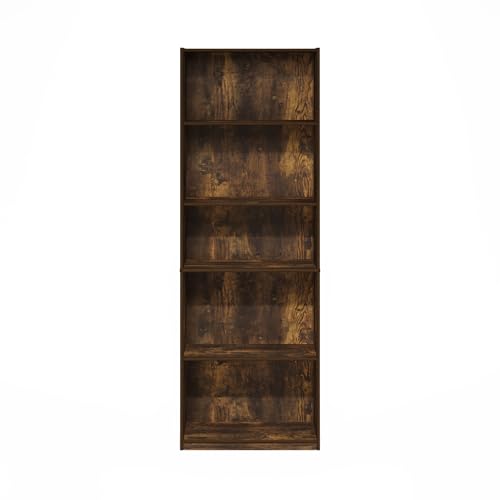 Image of Furinno GEHRY Book Shelf, 5-Tier Bookshelf with Open Shelf, Standing Bookcase with Adjustable Shelves, 11.6 x 24.8 x 71.4, for Living Room, Bedroom, Home Office, Amber Pine