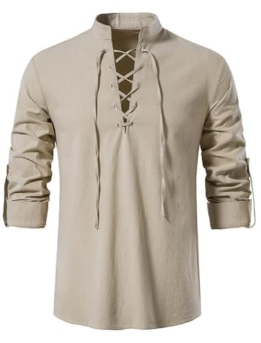 AIFARLD Men's Long Sleeve Shirts Retro Style Lace up for Medieval Viking Hippie Halloween Cosplay Pirate Renaissance Costume Khaki