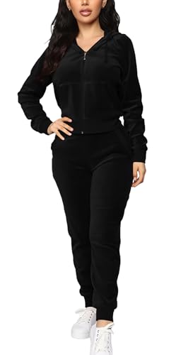 BOGURST Velour Sweatsuits Velour Tracksuit Womens Velvet Jogging Suits 2 Pieces Sweatpants Outfits Sports Athletic Set, Black, Large