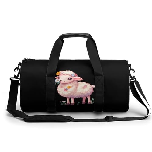 Cute Sheep with Flower Sports Gym Bag Travel Duffel Workout Bag with Adjustable Strap