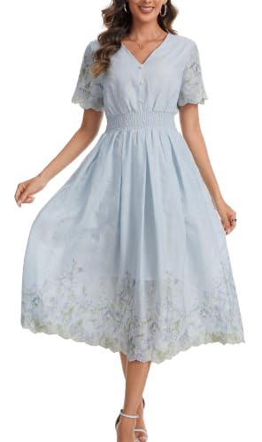 Image of Kormei Women Casual Boho V Neck 3 /4 Sleeve Smocked Waist A Line Flowy Swing Midi Dress Smocked Long Dress