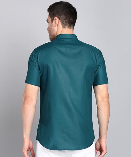 Image of MILDIN Men's Cotton Blend Solid Shirt with Spread Collared Half Sleeve Curved Hemline Button Closure Regular Fit and One Pocket | Half Sleeve Shirt for Men