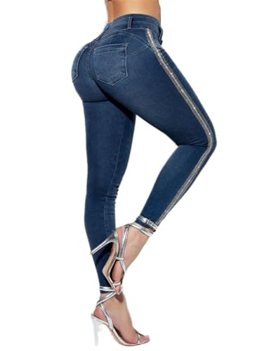 Flamingals Women's Sequin & Rhinestone Decor Dual Button Skinny Jeans High Waist Casual Pants3